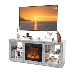 Silver Mirror Modern TV Stand With 18 Inch Fireplace Insert & Storage Shelves, Medium Density Fiberboard Fireplace TV Console For Living Room, 14 (Option: Defaulttitle)